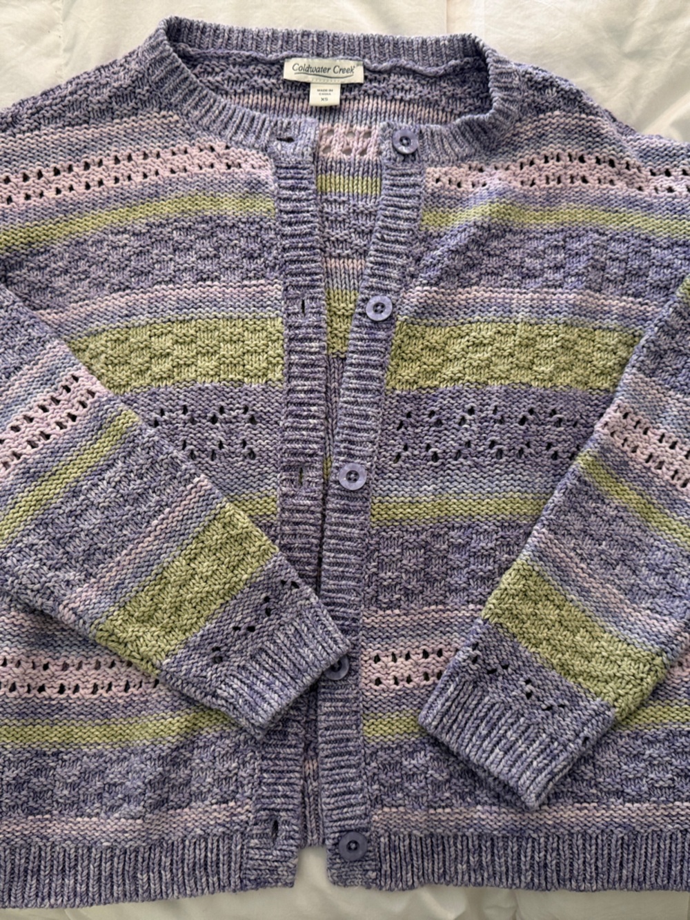 Coldwater Creek Lavender Knit Stripe Cardigan with Pastel Accents XS